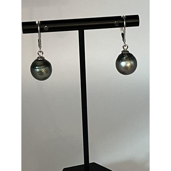 Genuine Black Tahitian Pearls Sterling Silver Earrings - Picture 1 of 2